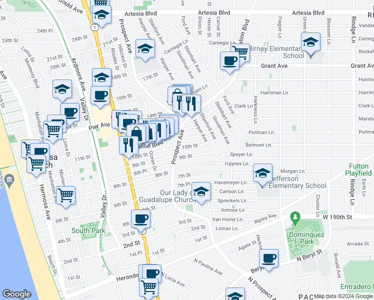 map of restaurants, bars, coffee shops, grocery stores, and more near 1136 10th Street in Hermosa Beach