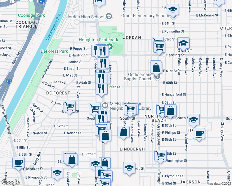 map of restaurants, bars, coffee shops, grocery stores, and more near 5961 Olive Avenue in Long Beach