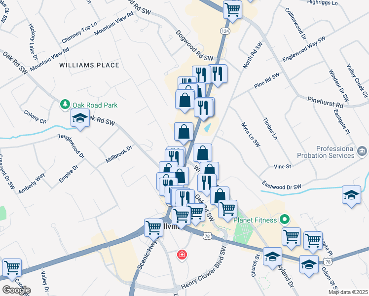 map of restaurants, bars, coffee shops, grocery stores, and more near 2149 Scenic Highway North in Snellville
