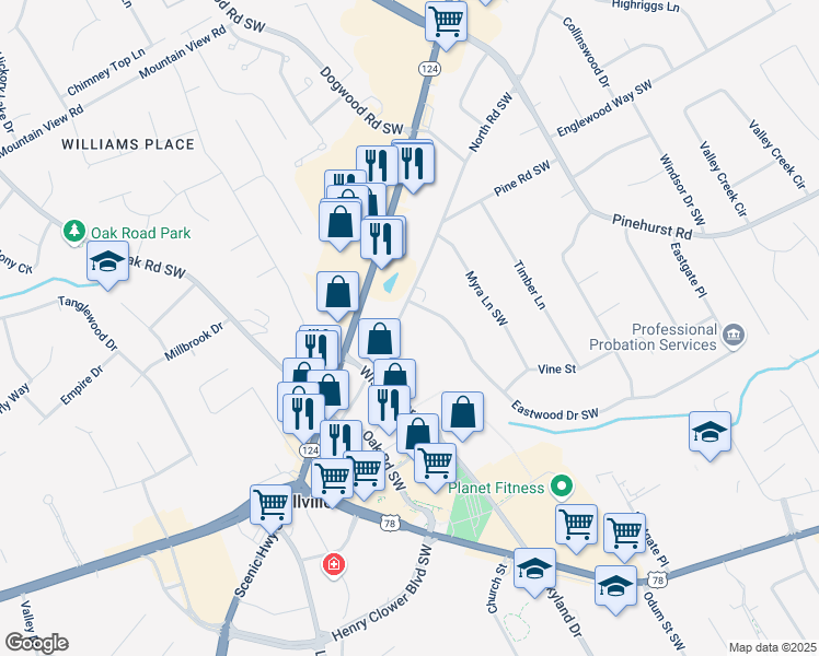 map of restaurants, bars, coffee shops, grocery stores, and more near 2174 North Road Southwest in Snellville