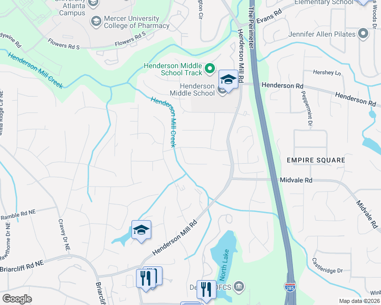 map of restaurants, bars, coffee shops, grocery stores, and more near 3262 Wake Robin Trail in Chamblee