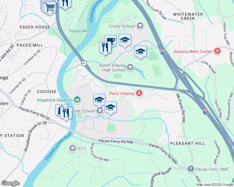 map of restaurants, bars, coffee shops, grocery stores, and more near 1309 River Green Drive Northwest in Atlanta