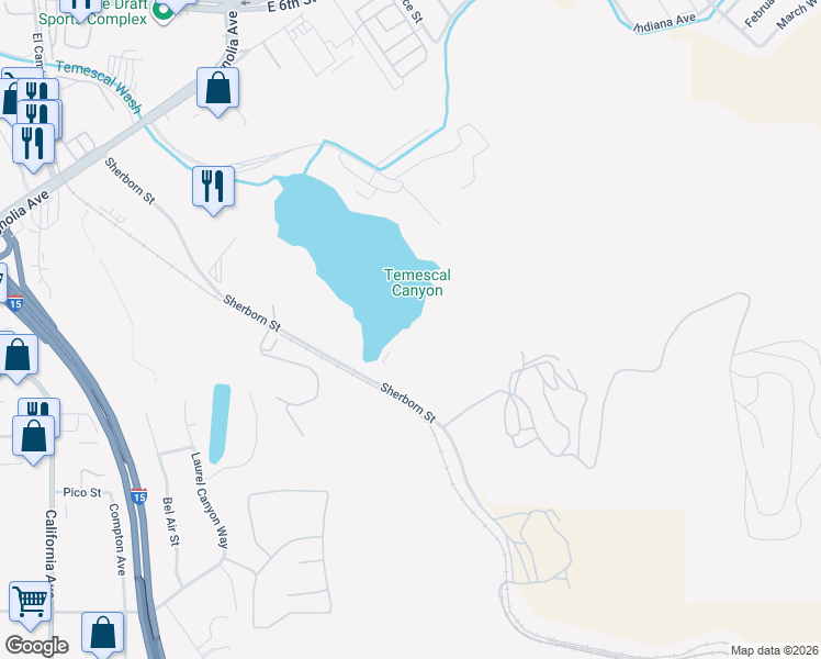 map of restaurants, bars, coffee shops, grocery stores, and more near 1459 Sherborn Street in Corona
