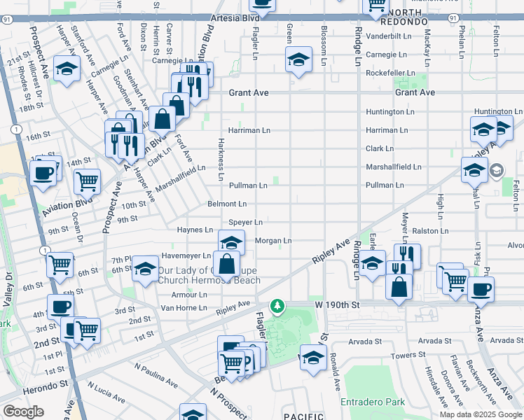 map of restaurants, bars, coffee shops, grocery stores, and more near 1902 Belmont Lane in Redondo Beach