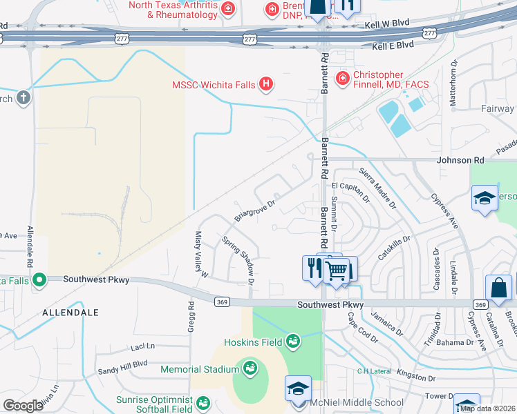 map of restaurants, bars, coffee shops, grocery stores, and more near 4626 Trailwood Drive in Wichita Falls