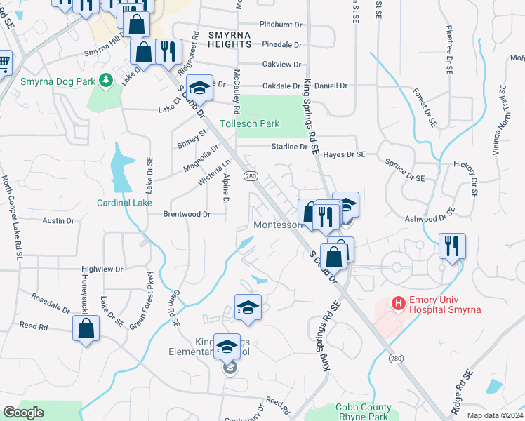 map of restaurants, bars, coffee shops, grocery stores, and more near 302 Walton Way Southeast in Smyrna