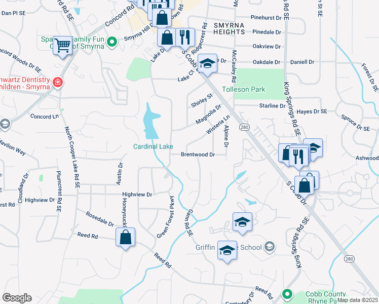 map of restaurants, bars, coffee shops, grocery stores, and more near 3731 Wisteria Lane in Smyrna