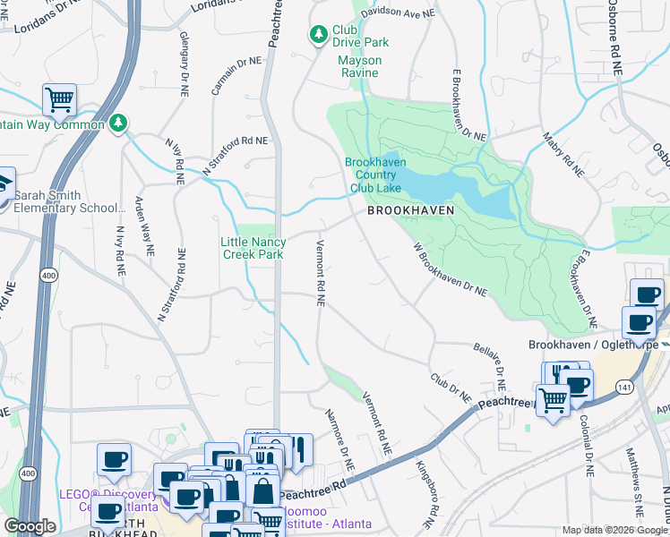 map of restaurants, bars, coffee shops, grocery stores, and more near 3935 Vermont Road Northeast in Atlanta