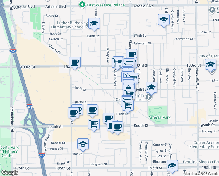 map of restaurants, bars, coffee shops, grocery stores, and more near 18613 Jersey Avenue in Artesia
