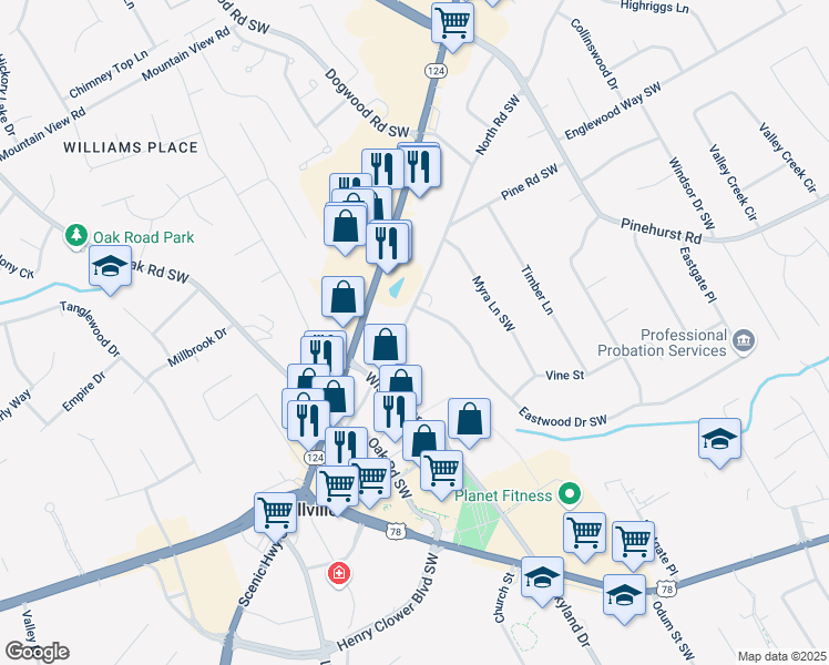 map of restaurants, bars, coffee shops, grocery stores, and more near 2174 North Road Southwest in Snellville
