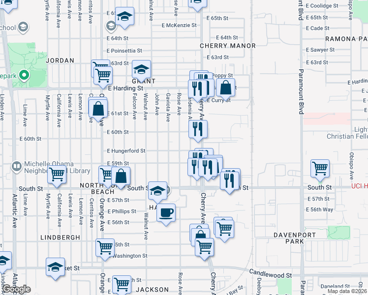 map of restaurants, bars, coffee shops, grocery stores, and more near 1815 East Hungerford Street in Long Beach