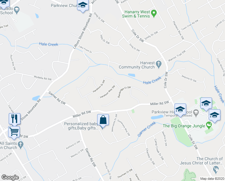 map of restaurants, bars, coffee shops, grocery stores, and more near 4994 Haralson Way Southwest in Lilburn