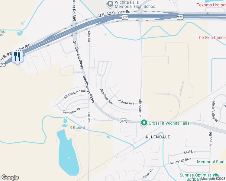 map of restaurants, bars, coffee shops, grocery stores, and more near 6615 Rosedale Street in Wichita Falls