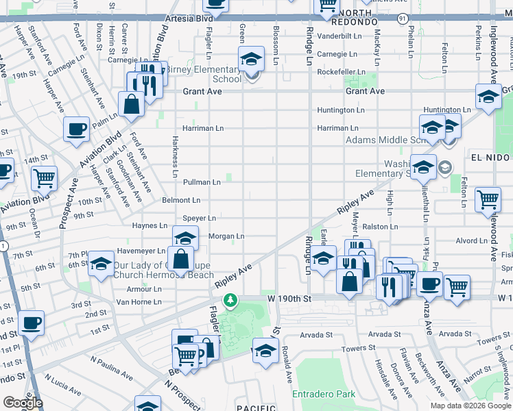 map of restaurants, bars, coffee shops, grocery stores, and more near 2008 Belmont Lane in Redondo Beach