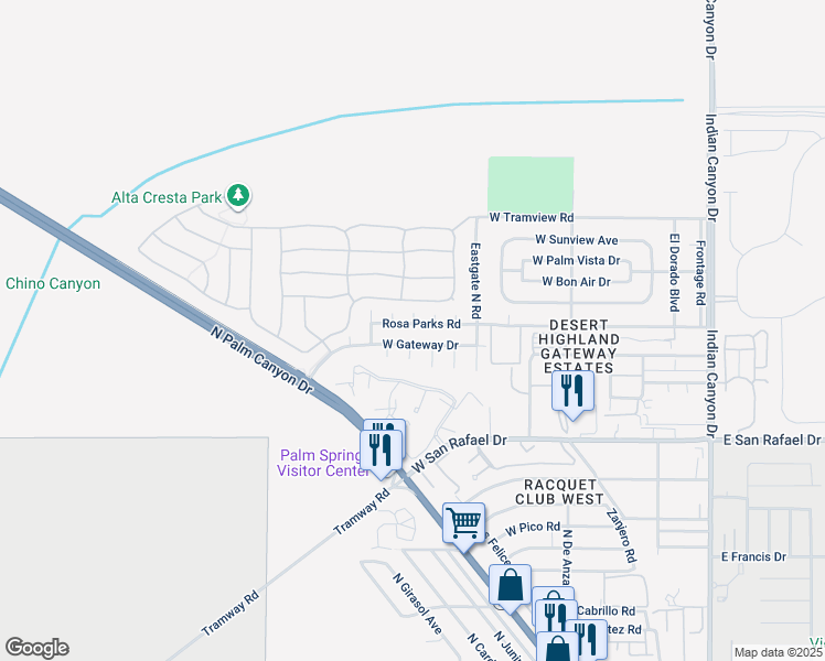 map of restaurants, bars, coffee shops, grocery stores, and more near 765 Rosa Parks Road in Palm Springs