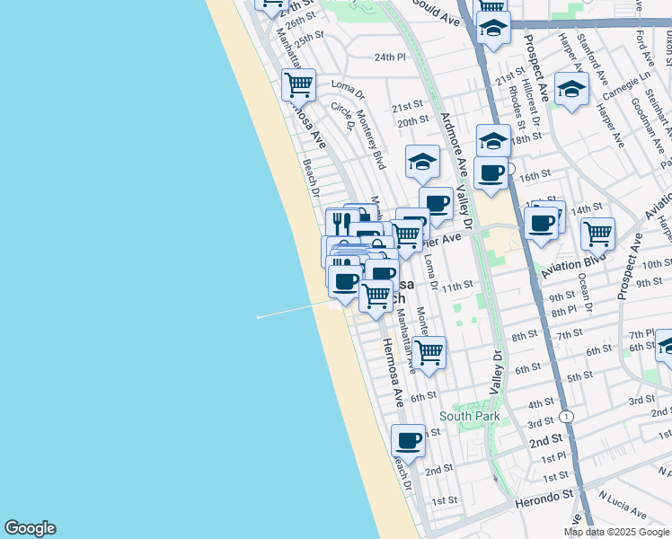 map of restaurants, bars, coffee shops, grocery stores, and more near 1300 The Strand in Hermosa Beach
