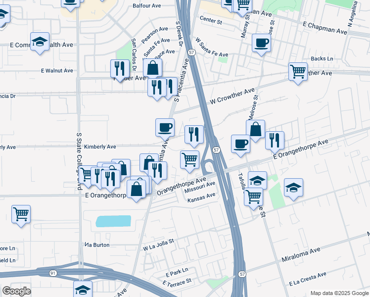 map of restaurants, bars, coffee shops, grocery stores, and more near 711 West Kimberly Avenue in Placentia