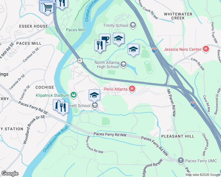 map of restaurants, bars, coffee shops, grocery stores, and more near 2108 River Green Dr NW in Atlanta