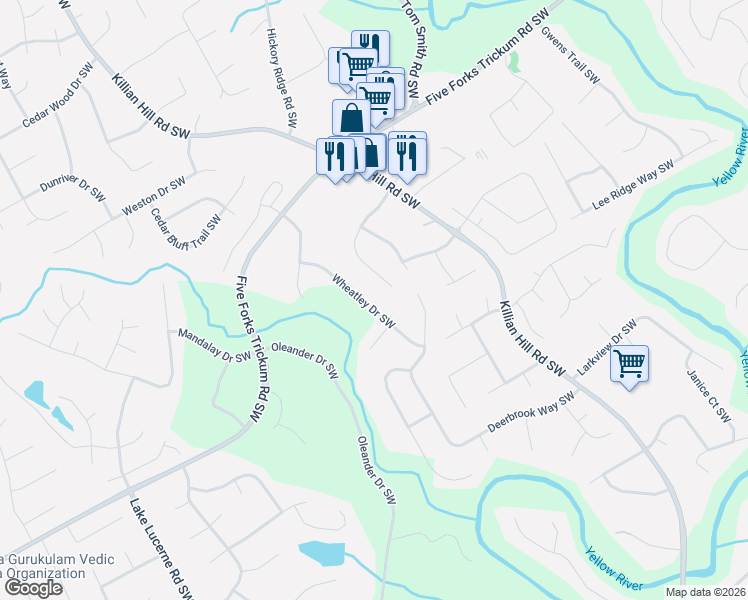map of restaurants, bars, coffee shops, grocery stores, and more near 1168 Wheatley Drive Southwest in Lilburn