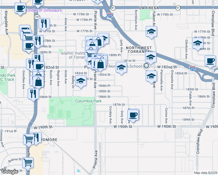 map of restaurants, bars, coffee shops, grocery stores, and more near 3822 184th Street in Torrance