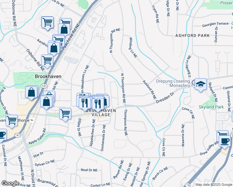 map of restaurants, bars, coffee shops, grocery stores, and more near 1526 Dresden Drive Northeast in Atlanta