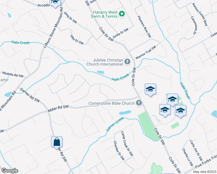 map of restaurants, bars, coffee shops, grocery stores, and more near 4850 Bainbridge Court Southwest in Lilburn