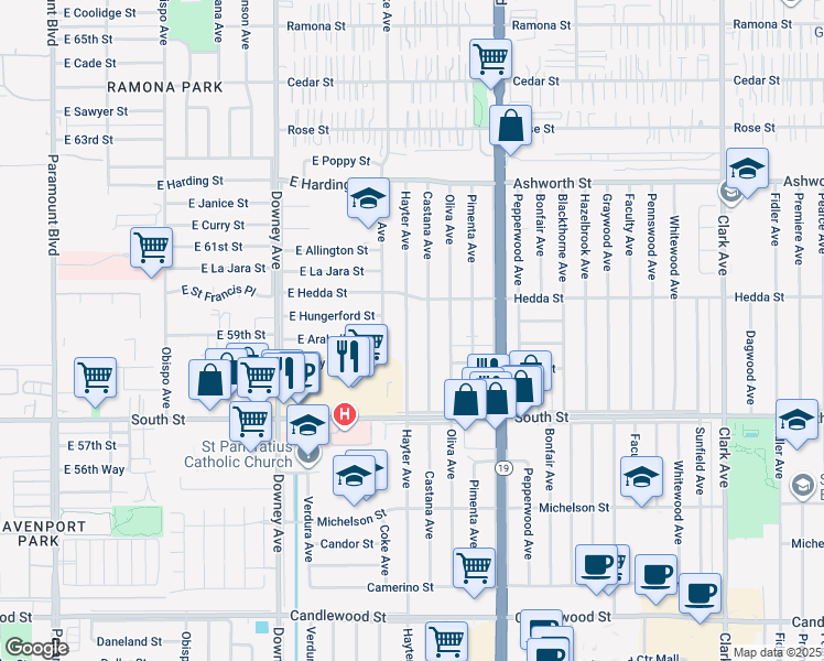map of restaurants, bars, coffee shops, grocery stores, and more near 5932 Hayter Avenue in Lakewood