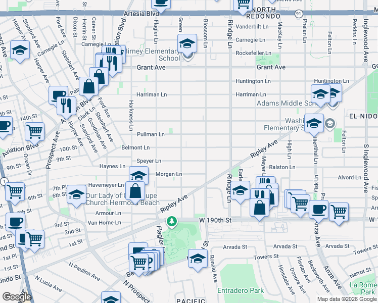 map of restaurants, bars, coffee shops, grocery stores, and more near 2006 Belmont Lane in Redondo Beach