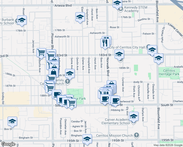map of restaurants, bars, coffee shops, grocery stores, and more near 12041 186th Street in Artesia