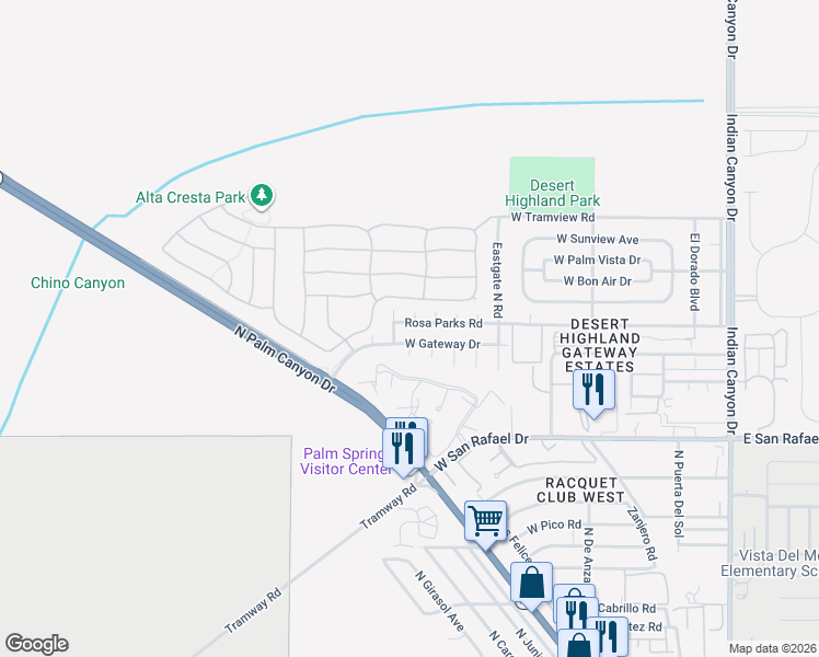 map of restaurants, bars, coffee shops, grocery stores, and more near 789 West Gateway Drive in Palm Springs