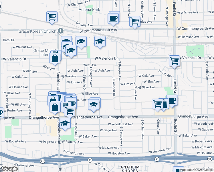 map of restaurants, bars, coffee shops, grocery stores, and more near 1467 West Olive Avenue in Fullerton