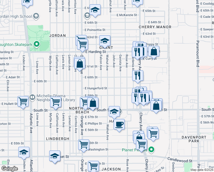 map of restaurants, bars, coffee shops, grocery stores, and more near 5916 Walnut Avenue in Long Beach