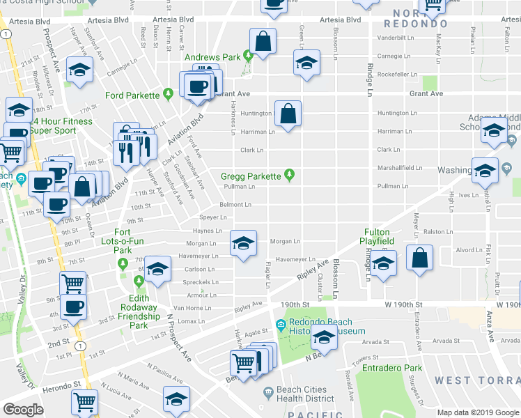 map of restaurants, bars, coffee shops, grocery stores, and more near 1813 Speyer Lane in Redondo Beach