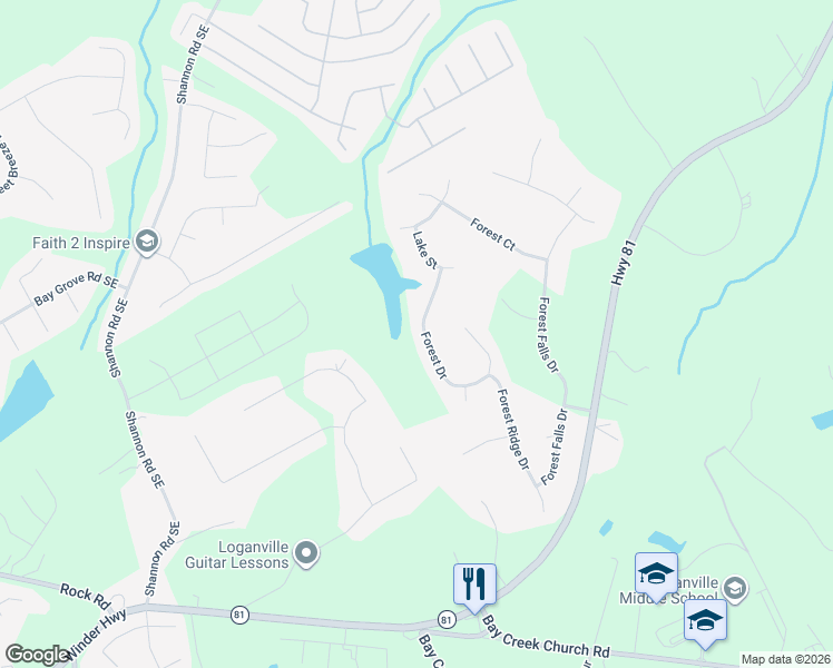 map of restaurants, bars, coffee shops, grocery stores, and more near 5373 Forest Drive in Loganville