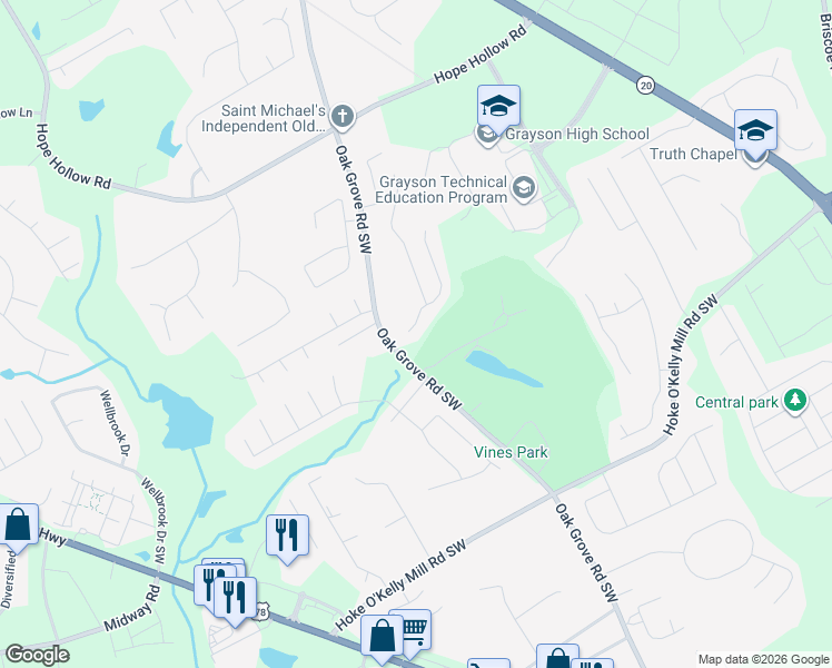 map of restaurants, bars, coffee shops, grocery stores, and more near 3490 Watson Gate Road Southwest in Loganville