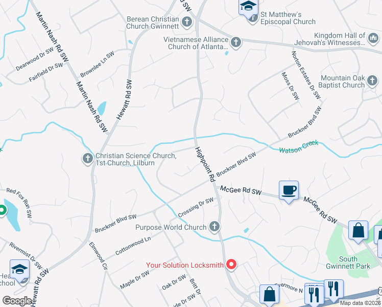 map of restaurants, bars, coffee shops, grocery stores, and more near 3158 Aspen Circle Southwest in Snellville