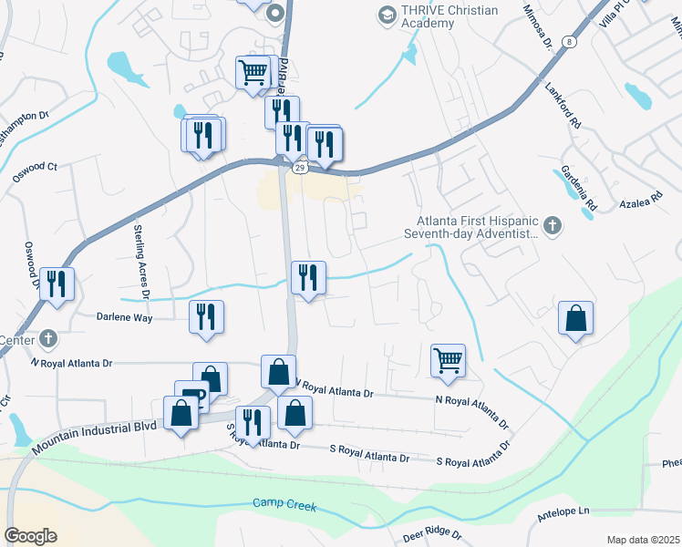 map of restaurants, bars, coffee shops, grocery stores, and more near 4963 Presidents Way in Tucker