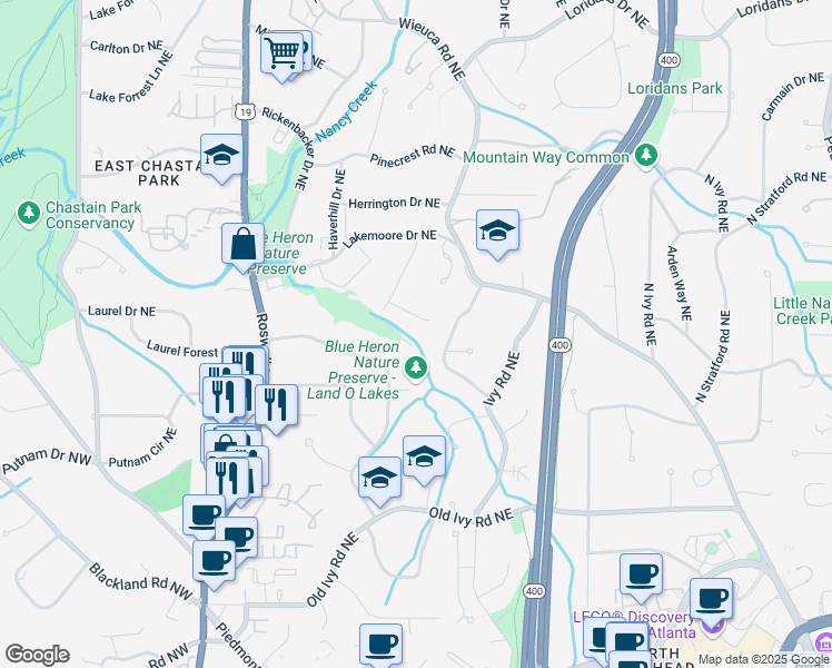 map of restaurants, bars, coffee shops, grocery stores, and more near 493 Emily Reed Lane in Atlanta
