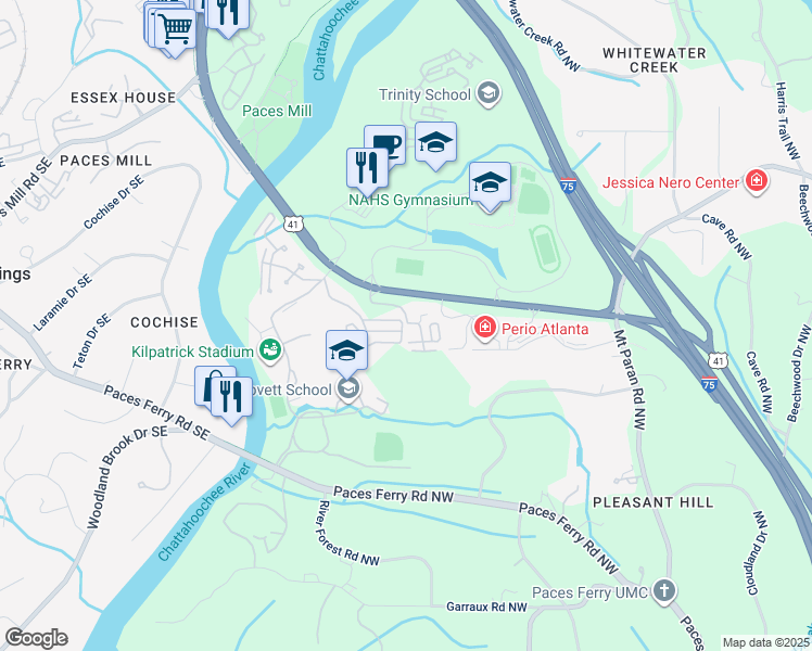 map of restaurants, bars, coffee shops, grocery stores, and more near 4252 River Green Drive Northwest in Atlanta