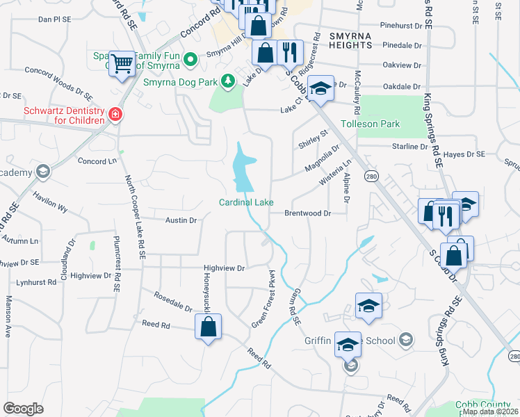 map of restaurants, bars, coffee shops, grocery stores, and more near 3720 Lake Drive Southeast in Smyrna