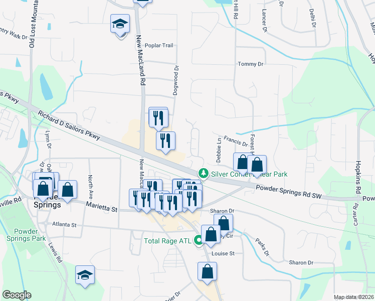 map of restaurants, bars, coffee shops, grocery stores, and more near 1122 Richard D Sailors Parkway in Powder Springs