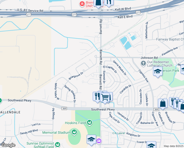 map of restaurants, bars, coffee shops, grocery stores, and more near 4540 Barnett Road in Wichita Falls