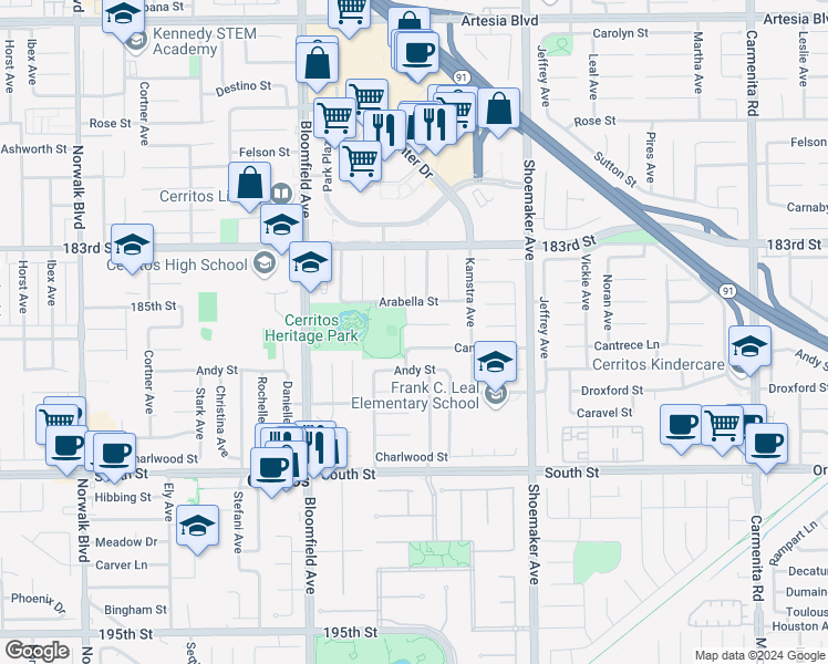 map of restaurants, bars, coffee shops, grocery stores, and more near 12804 Heritage Place in Cerritos