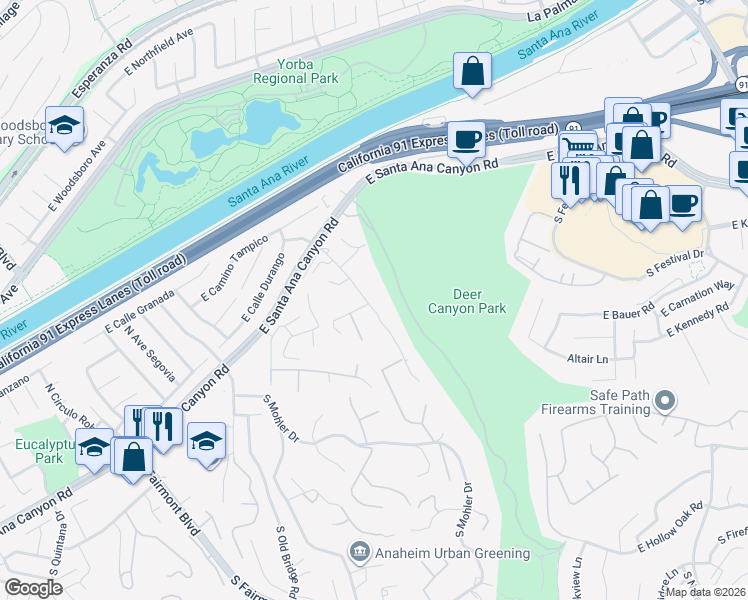 map of restaurants, bars, coffee shops, grocery stores, and more near 152 South Eucalyptus Drive in Anaheim