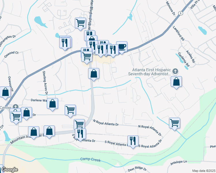 map of restaurants, bars, coffee shops, grocery stores, and more near 4963 Presidents Way in Tucker