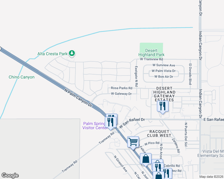 map of restaurants, bars, coffee shops, grocery stores, and more near 789 West Gateway Drive in Palm Springs