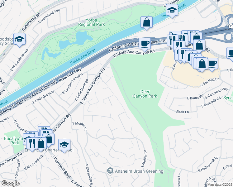 map of restaurants, bars, coffee shops, grocery stores, and more near 152 South Eucalyptus Drive in Anaheim