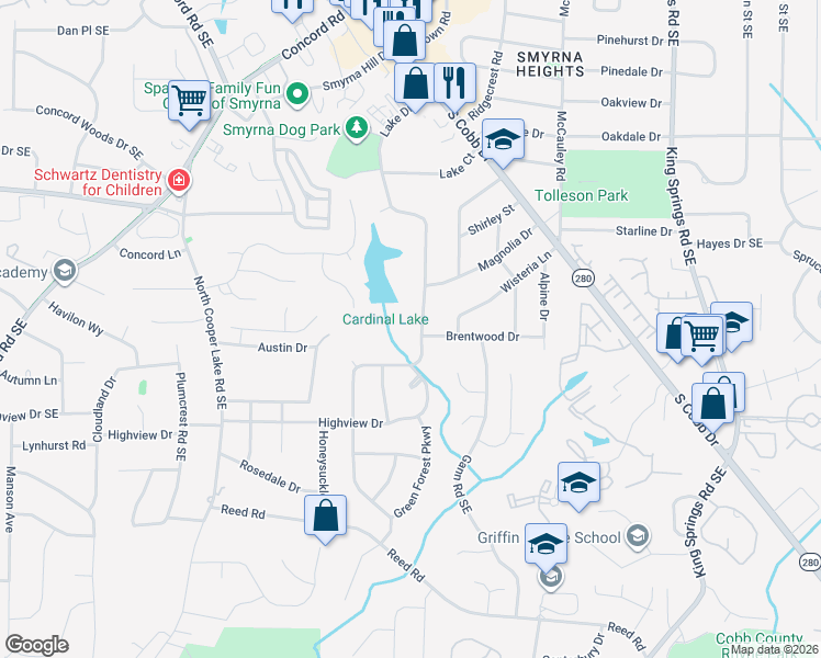 map of restaurants, bars, coffee shops, grocery stores, and more near 3720 Lake Drive Southeast in Smyrna