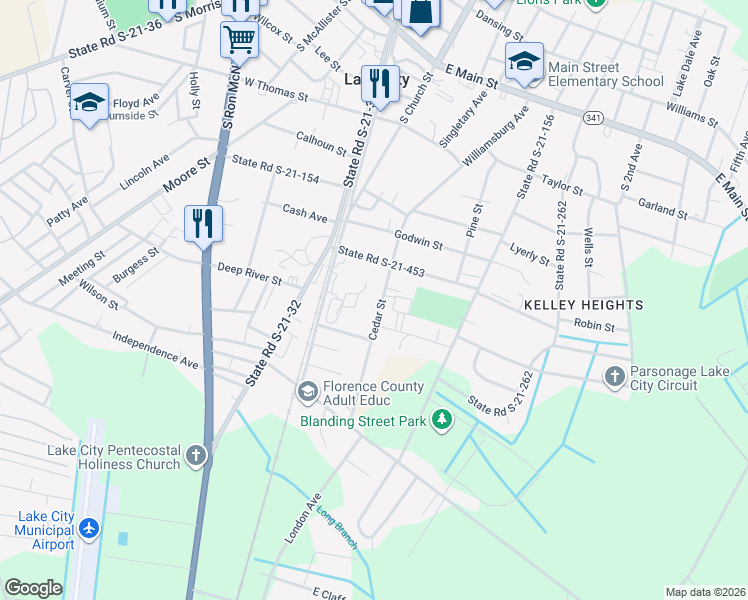 map of restaurants, bars, coffee shops, grocery stores, and more near 431 Cedar Street in Lake City