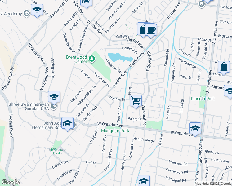 map of restaurants, bars, coffee shops, grocery stores, and more near 1350 Brentwood Circle in Corona